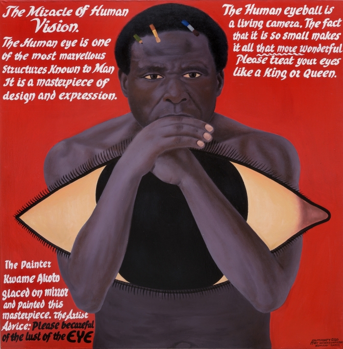 Kwame Akoto Almighty God, Autoportrait fond rouge, acrylique sur toile, 120 x 120 cm Kwame Akoto Almighty God, Autoportrait fond rouge, acrylique sur toile, 120 x 120 cm