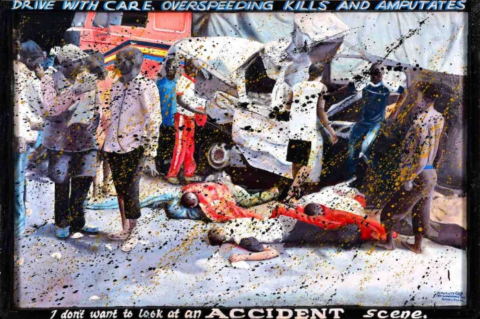 Kwame Akoto Almighty God, Accident scene, acrylique sur bois, 81 x 120 cm Kwame Akoto Almighty God, Accident scene, acrylique sur bois, 81 x 120 cm