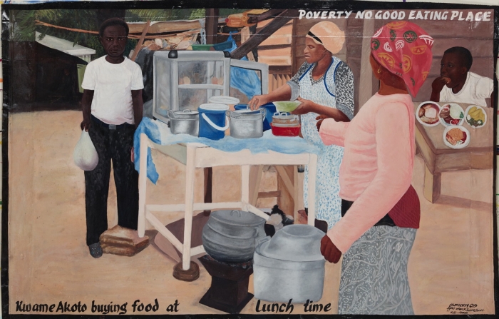 Kwame Akoto Almighty God, Food at lunch time, acrylique sur bois, 76 x 137 cm Kwame Akoto Almighty God, Food at lunch time, acrylique sur bois, 76 x 137 cm