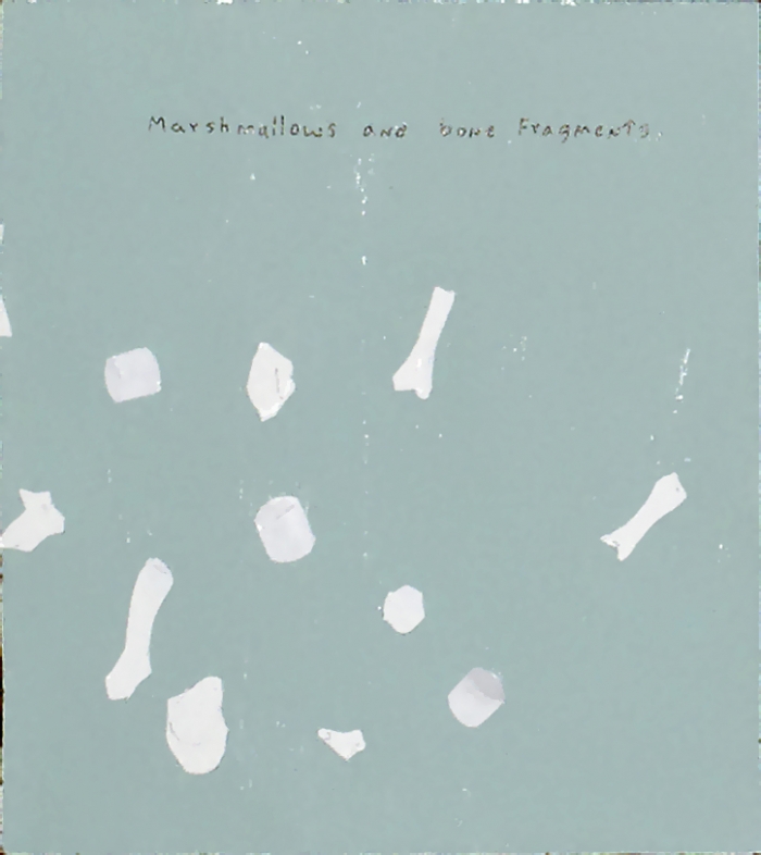 Marshmallows and bone fragments, 2011, Technique mixte sur panneau, 10 x 11,5 cm Marshmallows and bone fragments, 2011, Technique mixte sur panneau, 10 x 11,5 cm