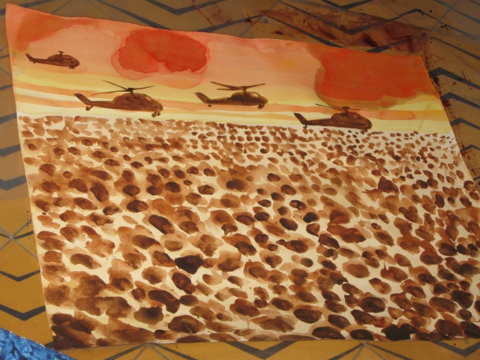 Hélicoptères, 2010, aquarelle sur papier, 50 x 65 cm, 17ème étape du tour du monde, Tel Aviv, Hervé Di Rosa Hélicoptères, 2010, aquarelle sur papier, 50 x 65 cm, 17ème étape du tour du monde, Tel Aviv, Hervé Di Rosa