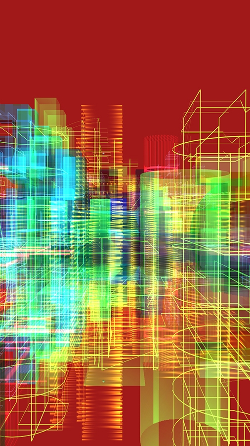 Méta-Cités 2013, oeuvre de réalité virtuelle générative, LCD (112 x 64 cm) Méta-Cités 2013, oeuvre de réalité virtuelle générative, LCD (112 x 64 cm)